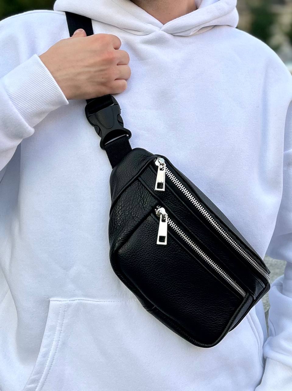 Чоловіча шкіряна сумка-бананка Black — фото 7